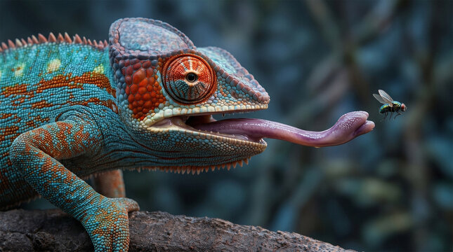 Blue and orange chameleon extending its long tongue to catch a fly on a wooden branch