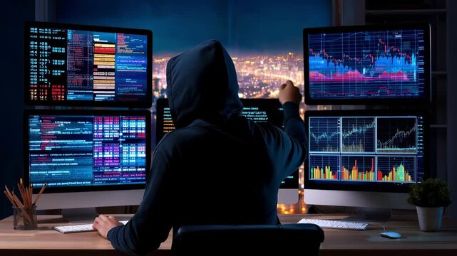 Expert uses multiple screens to analyze stock market trends and data for investment decisions at night in a city