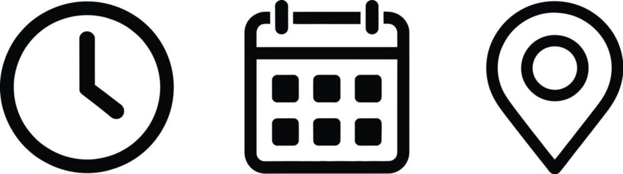 Time date and location icon set clock calendar pin vector illustration