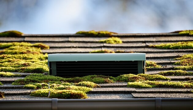 roof vent with moss growth close up of a roof vent with moss growing on asphalt shingles needs cleaning