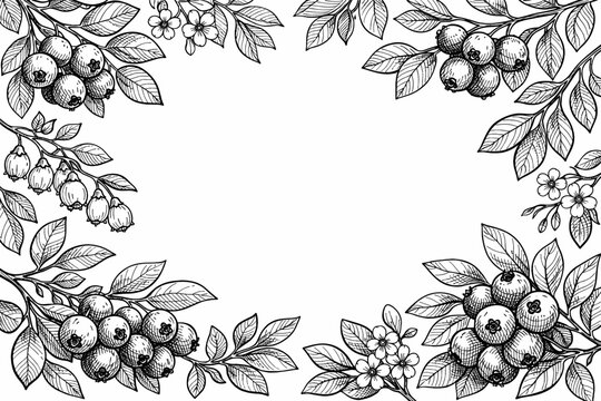 Detailed Hand Drawn Ink Illustration of Blueberry Branches with Berries and Flowers. Vintage Botanical Border Frame for Invitations, Labels, and Packaging Design. Monochrome Floral Background Art.
