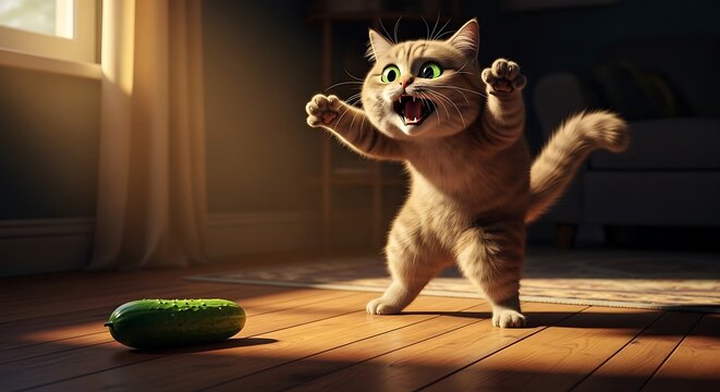 Funny Cat Scared of Cucumber - Pet Reaction Meme Stock Photo