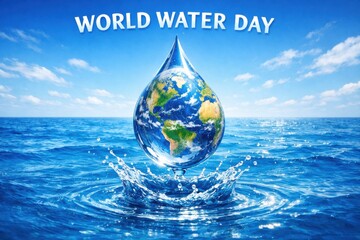 Fototapeta premium A water droplet shaped like Earth splashes into the ocean under a bright sky, highlighting World Water Day awareness.