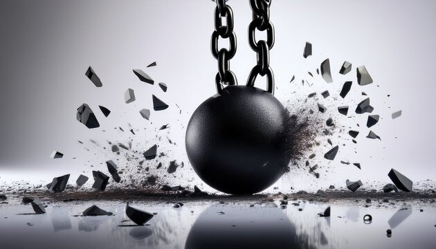 shattering ball and chain a black wrecking ball suspended by a chain is shown shattering into pieces against a white background impact destruction and power are visually conveyed