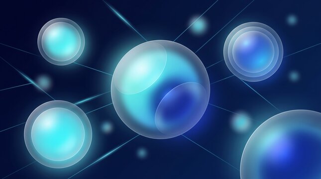 Futuristic glowing blue spheres, abstract molecular structure on dark background, luminous digital orbs for science and technology concepts