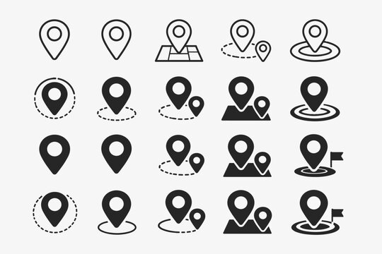 Map location pin icon set in outline and solid styles. GPS marker and geolocation symbol vector collection for navigation, destination tracking, and point of interest on maps and mobile apps.