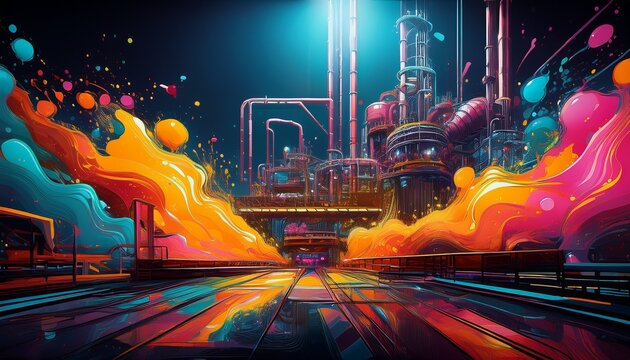 abstract industrial scene with vivid splashes on a dark background
