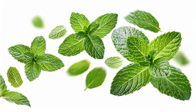 fresh mint leaves falling in the air isolated on white background peppermint spearmint herbs spices aromatherapy tea ingredient food beverage ingredient tea herbal tea organic natural food freshness