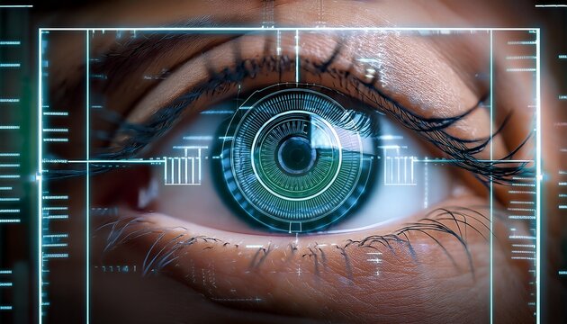 close up of a camera eye reflecting scales of justice with facial recognition grids in a courtroom