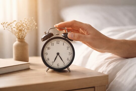 A hand reaches to turn off a classic alarm clock on a wooden bedside table, with a vase of dried flowers and soft morning light in the background.