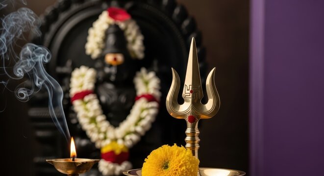 Brass trident rests on a decorative stand beside a glowing oil lamp with smoke rising in front of a blurred traditional deity statue.