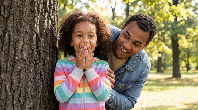 International Family Day father daughter hide seek playing laughing surprise celebration campaign poster banner social media greeting card design