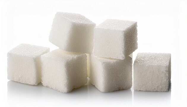 white sugar cubes stacked and leaning isolated on white background sweet ingredient sucrose glucose fructose diabetes unhealthy diet concept refined sugar sweetener confectionery baking ingredient