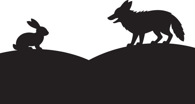 Black silhouette of a wolf and a rabbit facing each other on a hilly landscape