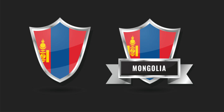 Professional 3D metallic shield and ribbon featuring the national flag of Mongolia. High-quality silver emblem designed for Asian branding, nomadic icons, and patriotic graphics