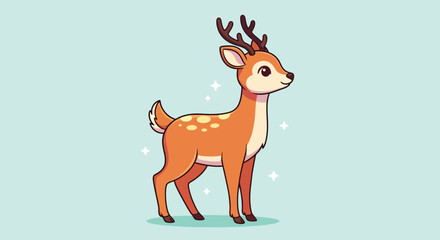 Cute cartoon deer with antlers standing on a light blue background. © NFS Studio