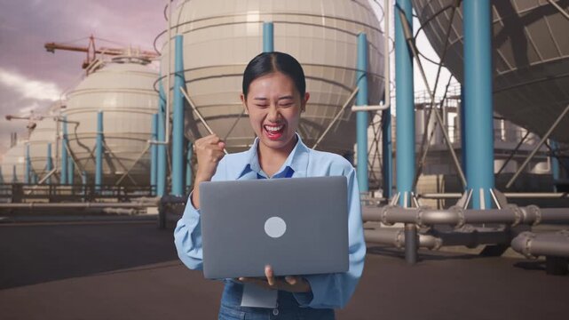Asian Female With Her Laptop with Spherical Propane Tanks with Fuel Gas Pipelines, She Raises Her Fist Up With Screaming Goal