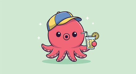 Cute cartoon octopus wearing a cap holding a cold summer drink. © NFS Studio