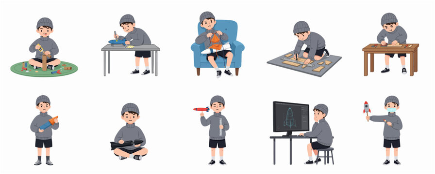 Flat Vector Illustration Set of a Creative Young Boy Building and Designing a Model Rocket in Various Poses