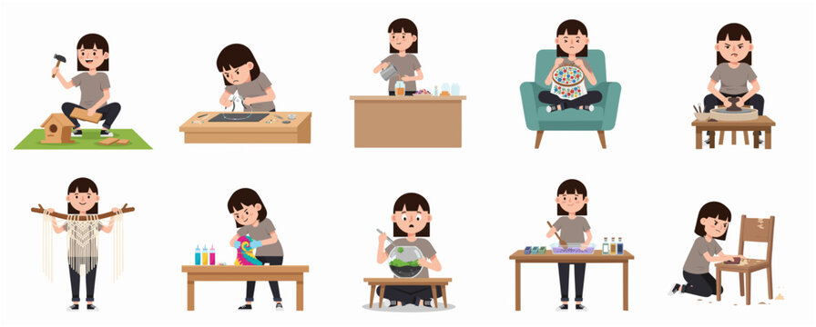 Collection of young woman character engaged in various creative DIY hobbies and crafts illustration