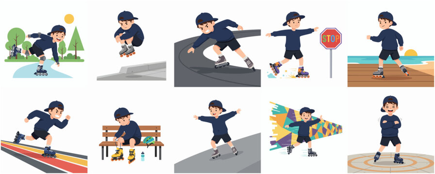 Vector illustration set of a young boy character rollerblading in various outdoor scenes, performing tricks, and displaying different emotions and expressions.