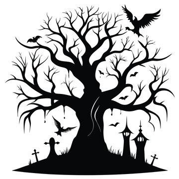 Spooky halloween silhouette illustration featuring bare tree bats graveyard and gothic architecture