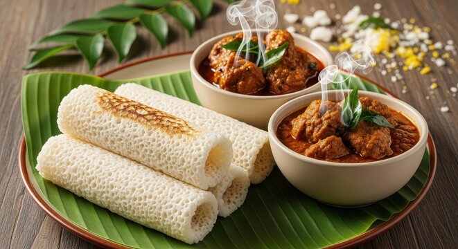 Freshly prepared appam is served with spicy meat curry on a banana leaf.