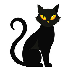Obraz premium Vector illustration of a sitting black cat with yellow eyes a popular halloween symbol.