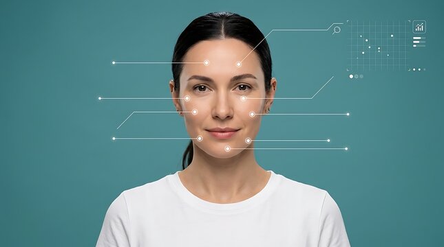 Biometric facial recognition technology, woman with digital scanning interface, artificial intelligence face mapping for security and identity verification