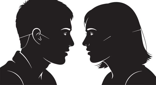 Black silhouettes, couple profiles, side view, white background, vector illustration