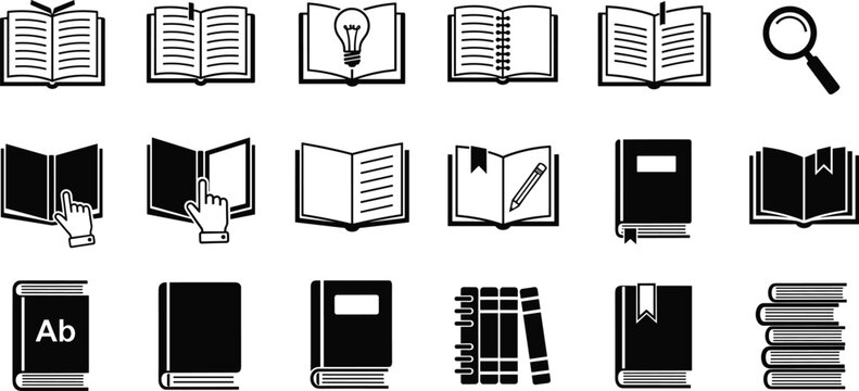 Large set of black book icons and education symbols including open notebooks library stacks magnifying glass and creative lightbulb isolated on white background.