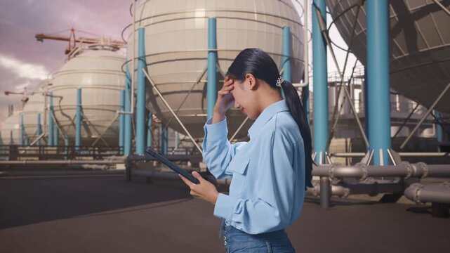 Side View Of Asian Female With Her Tablet with Spherical Propane Tanks with Fuel Gas Pipelines, Checking With Dissapionted And Nodding Her Shead 