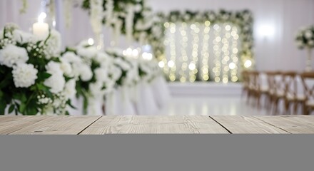 Obraz premium Empty wooden table surface in front of a blurry summer garden with flowers and bright soft sunlight