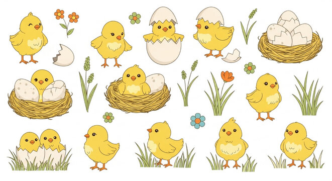 Cute Baby Chick Vector Set with Eggs Nests Flowers and Spring Nature Elements Flat Illustration