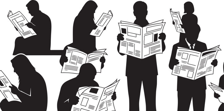 Silhouettes of people reading newspapers, black and white vector graphics, news readers, newspaper clipart, people silhouettes