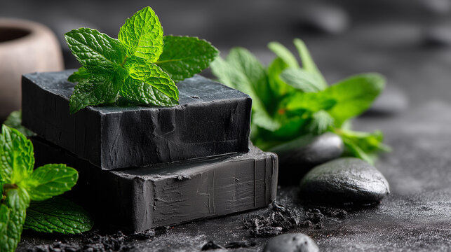 Natural black charcoal soap bars with fresh mint leaves and spa stones on dark background