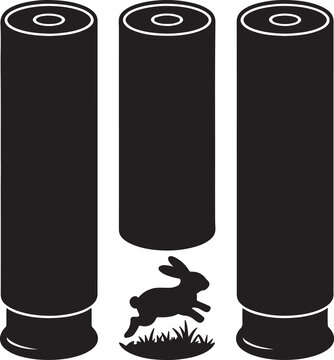 Black and white vector illustration of shotgun shells with a running rabbit silhouette on white background
