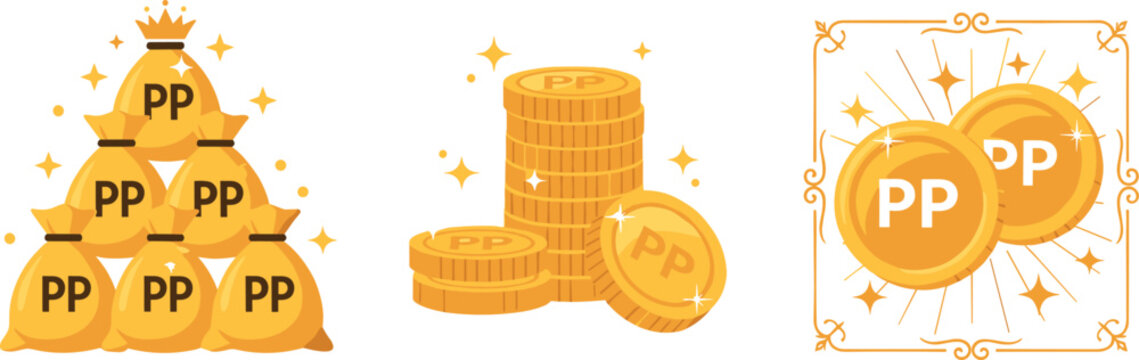 Gold Coins and Money Bags with PP Branding for Finance, Wealth, and Investment Concepts
