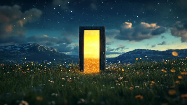 Surreal glowing portal in a wide open meadow under a starry sky with distant mountains magical light illuminating grass and flowers creating a cinematic dreamy fantasy landscape with deep atmosphere