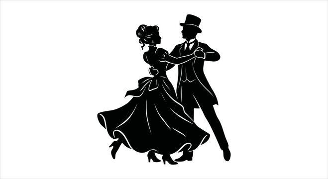 Elegant Couple Gracefully Dances in Formal Vintage Attire Silhouette