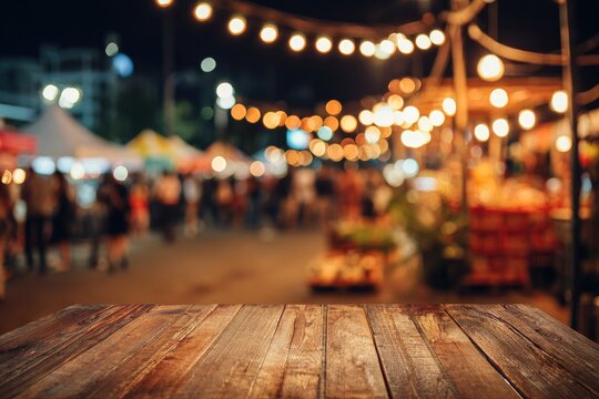 Wooden table foregrounds a blurred night market scene with warm lights