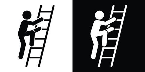 Vector illustration of a stick figure climbing a vertical ladder. Symbolic icon representing growth, career advancement, construction safety, or reaching a higher goal. © bibin
