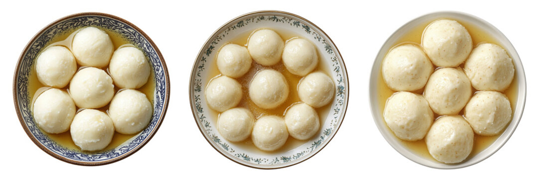  Traditional Rasgulla Sweets in Bowls Collection Isolated on Transparent or White Background