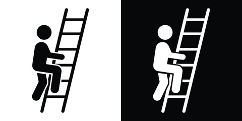 Vector illustration of a stick figure climbing a vertical ladder. Symbolic icon representing growth, career advancement, construction safety, or reaching a higher goal. © bibin