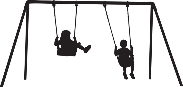 Black silhouette playground swings, kids playing on swings, outdoor recreation, vector icons