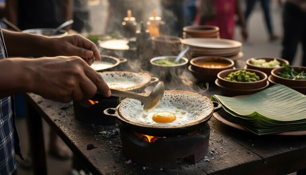 Street food vendor cooking egg hoppers on a traditional charcoal stove