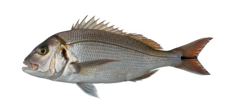 Single fresh snapper fish with silver scales and red fins isolated on a plain white background