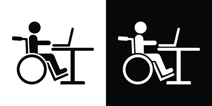 Pictogram of a person in a wheelchair working on a laptop computer at a desk. Modern icon representing digital accessibility, inclusive remote work, and office diversity.
