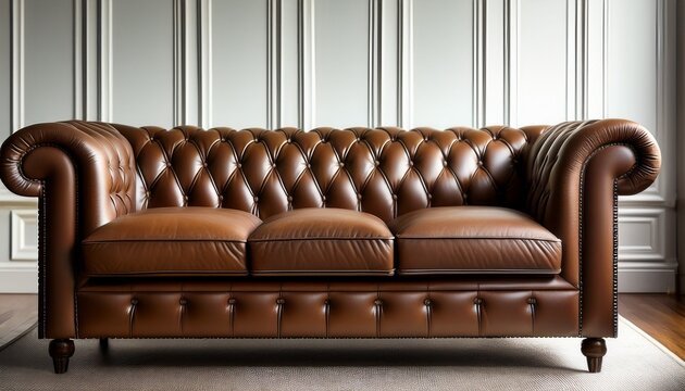 elegant chesterfield sofa in brown leather with tufted details in a well lit room