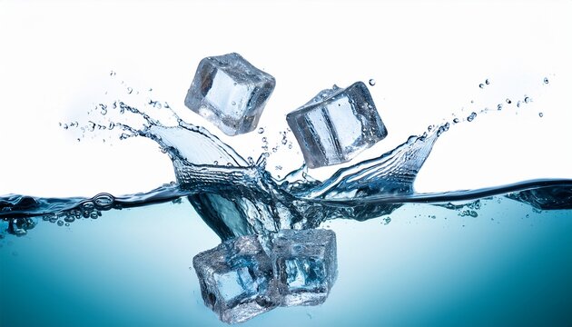 falling ice cubes with splashing water on transparency background